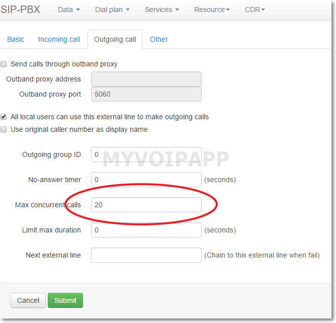 concurrent calls configuration of external line