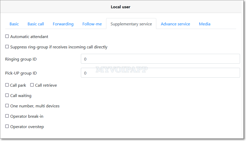 Supplementary service items of local user
